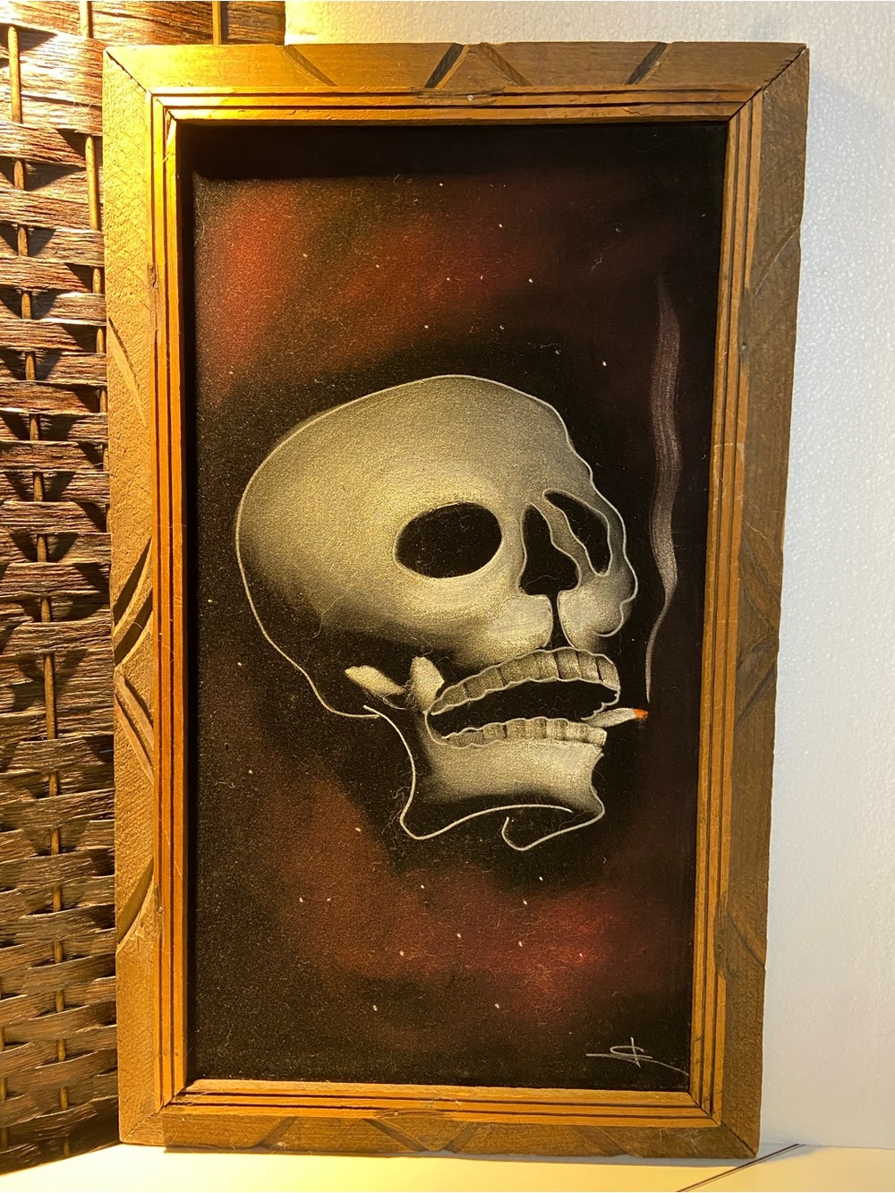 Vintage Mexican Velvet Smoking Skull 23"x14" Dude Has His Own Age  agenda